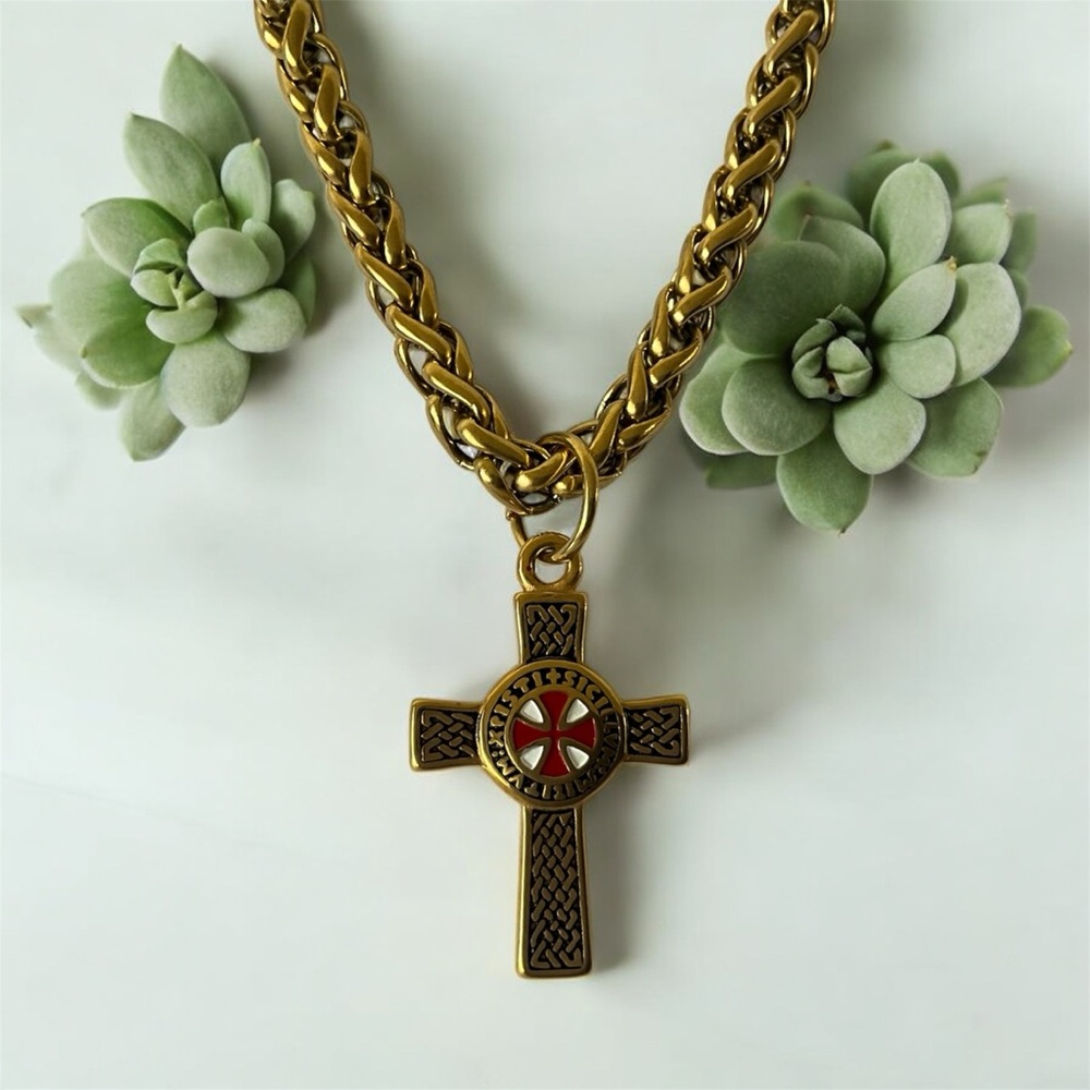 316L Stainless Steel Gold PVD Titanium Knights Templar Cross Pendant Necklace